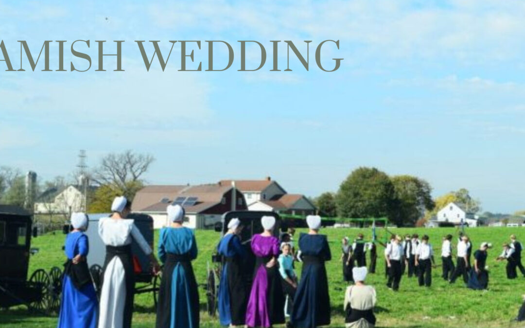 Youth gathered outside watching & playing volleyball at an Amish Wedding